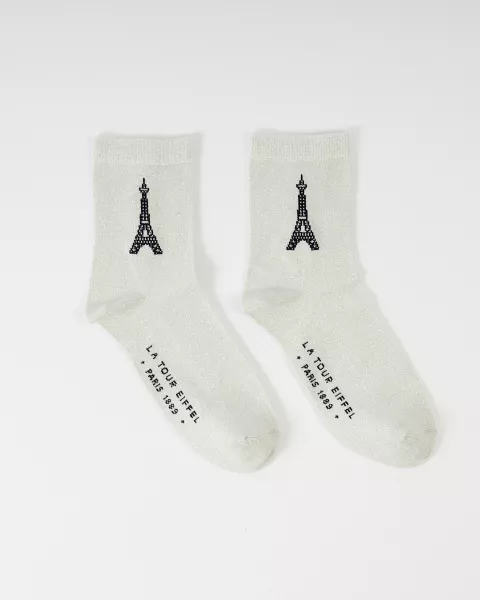 Silver sequined knee-high socks with Eiffel Tower