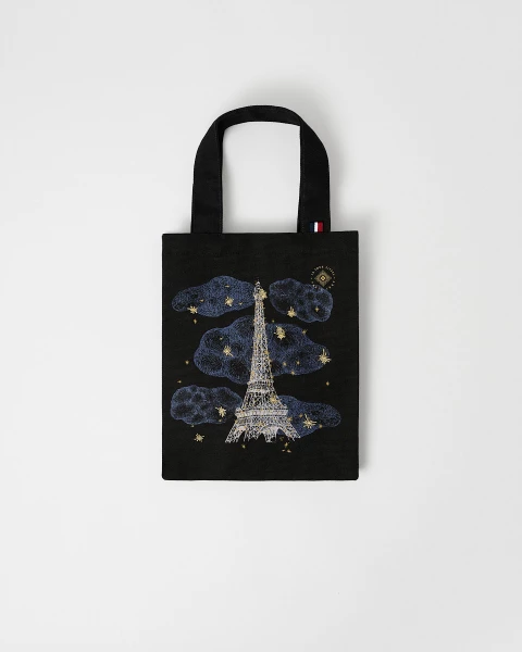 Mini Night Tote Bag in Black and Blue Cotton - Eiffel Tower Boutique